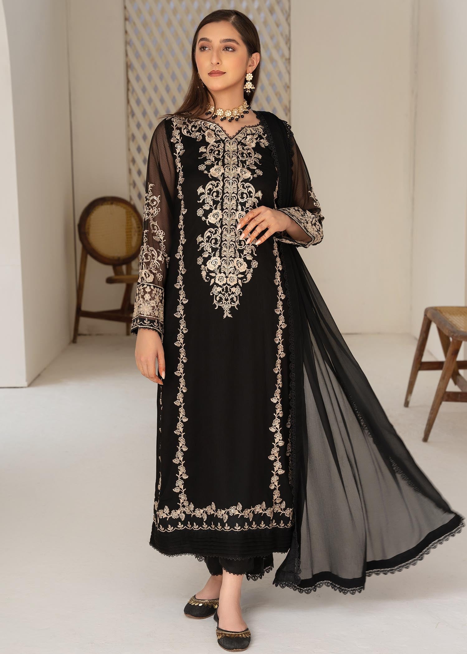 Black Sequin Embroidered Chiffon Salwar Kameez (3-Piece) - Image 1