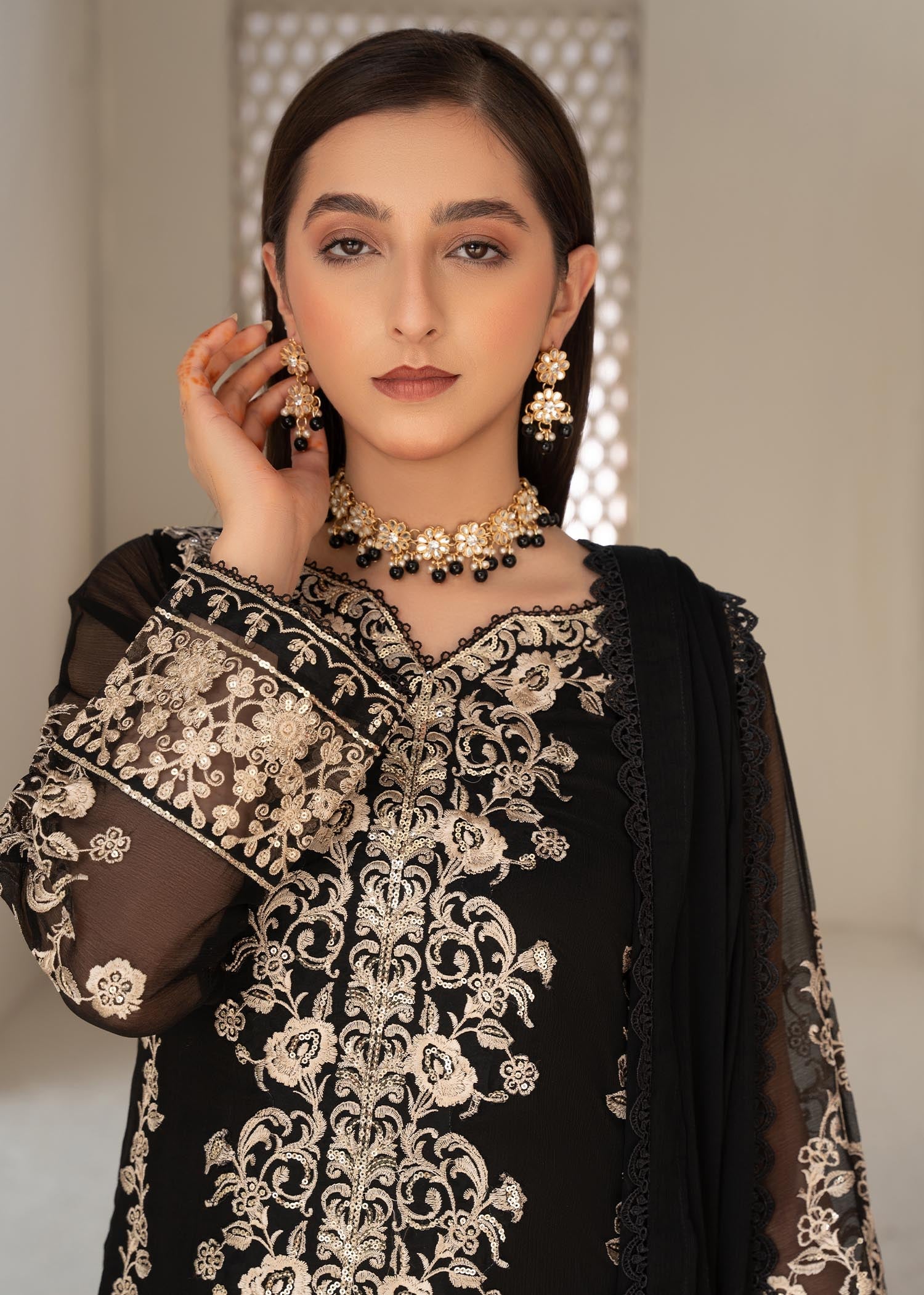 Black Sequin Embroidered Chiffon Salwar Kameez (3-Piece) - Image 2