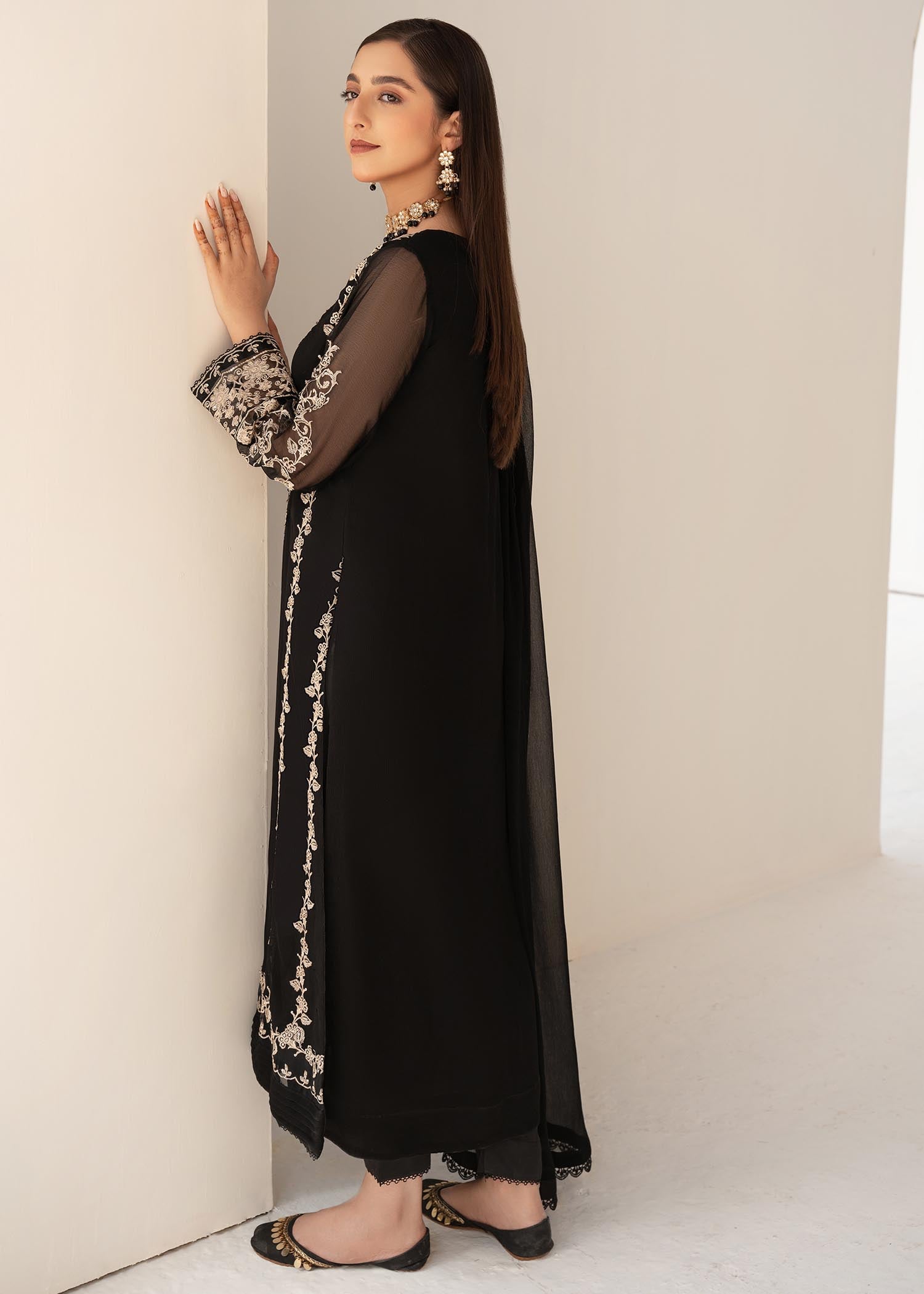 Black Sequin Embroidered Chiffon Salwar Kameez (3-Piece) - Image 3