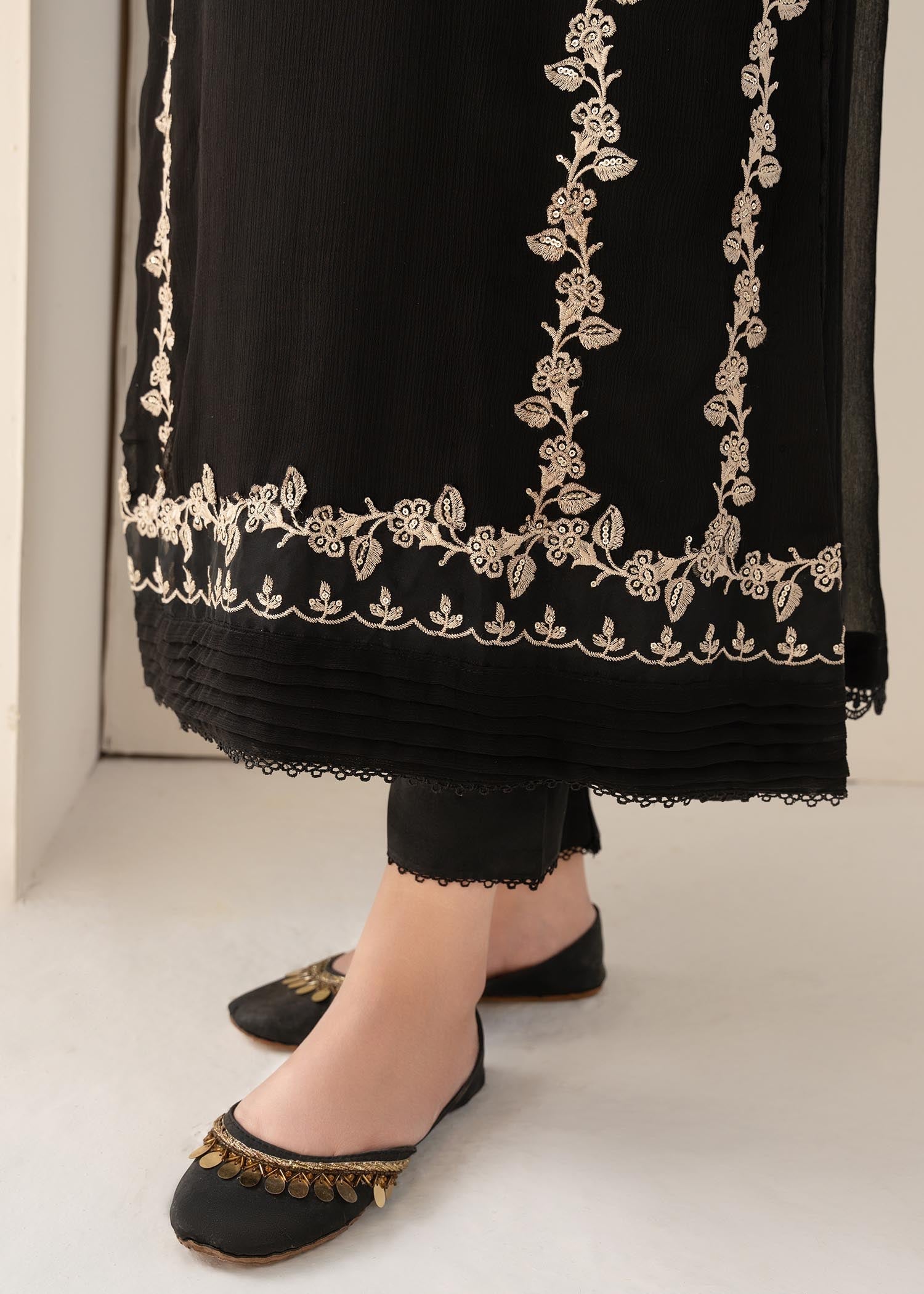 Black Sequin Embroidered Chiffon Salwar Kameez (3-Piece) - Image 4