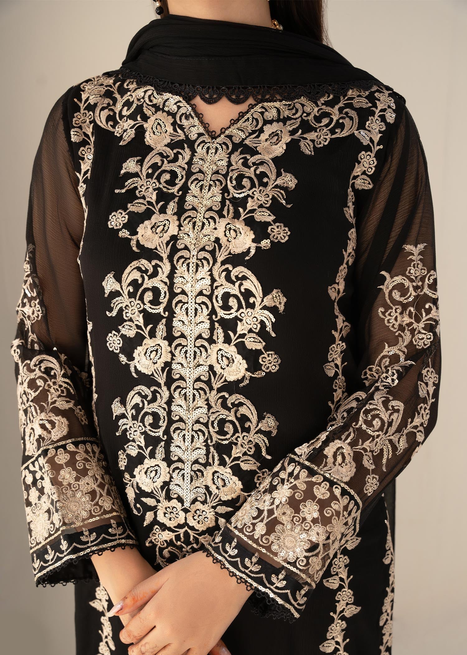 Black Sequin Embroidered Chiffon Salwar Kameez (3-Piece) - Image 5