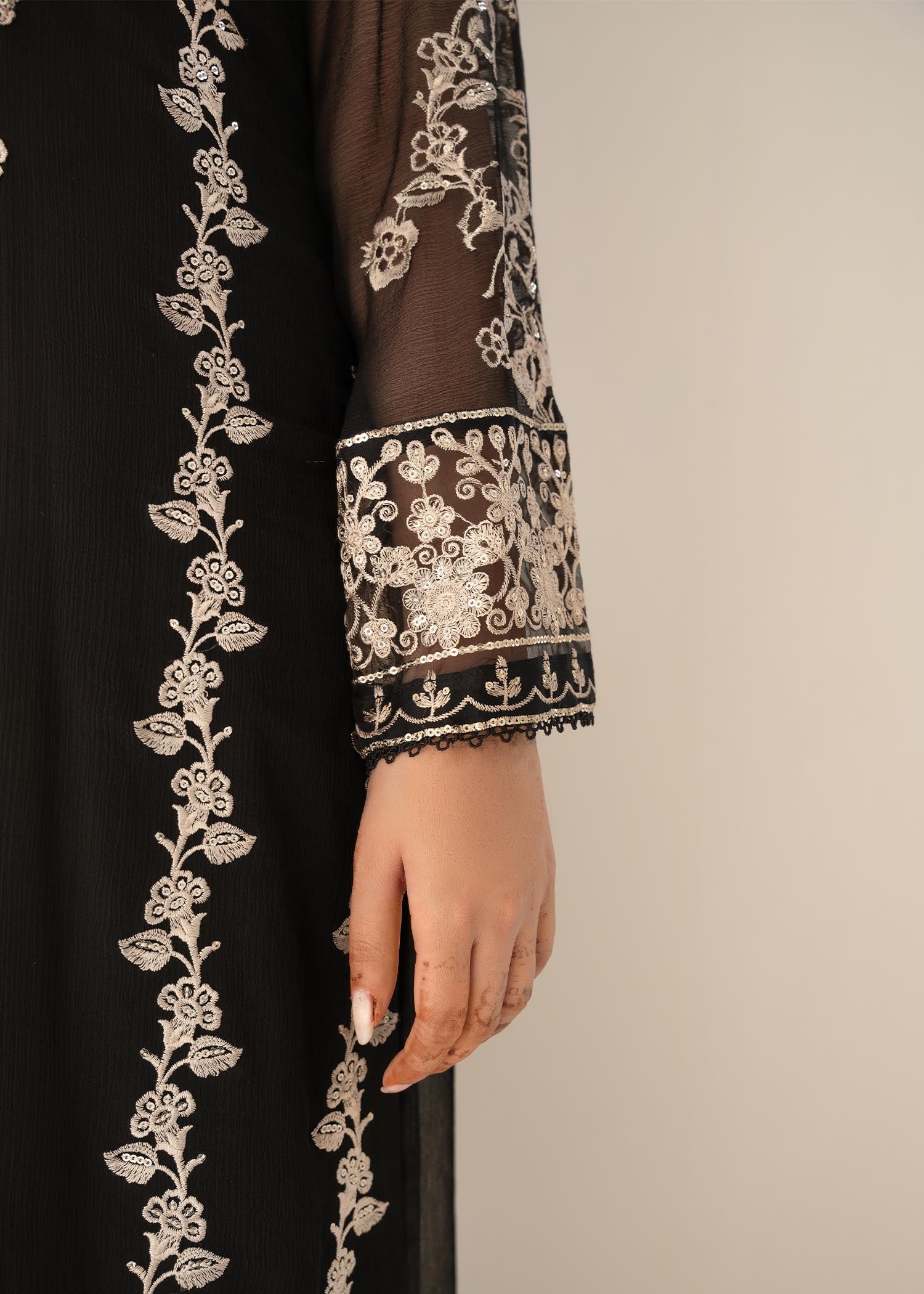 Black Sequin Embroidered Chiffon Salwar Kameez (3-Piece) - Image 6