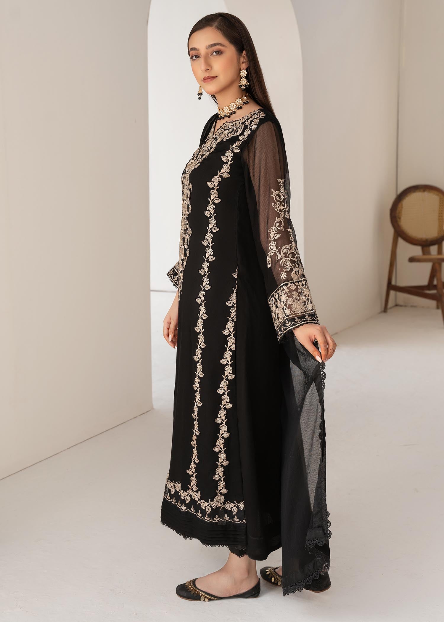 Black Sequin Embroidered Chiffon Salwar Kameez (3-Piece) - Image 7