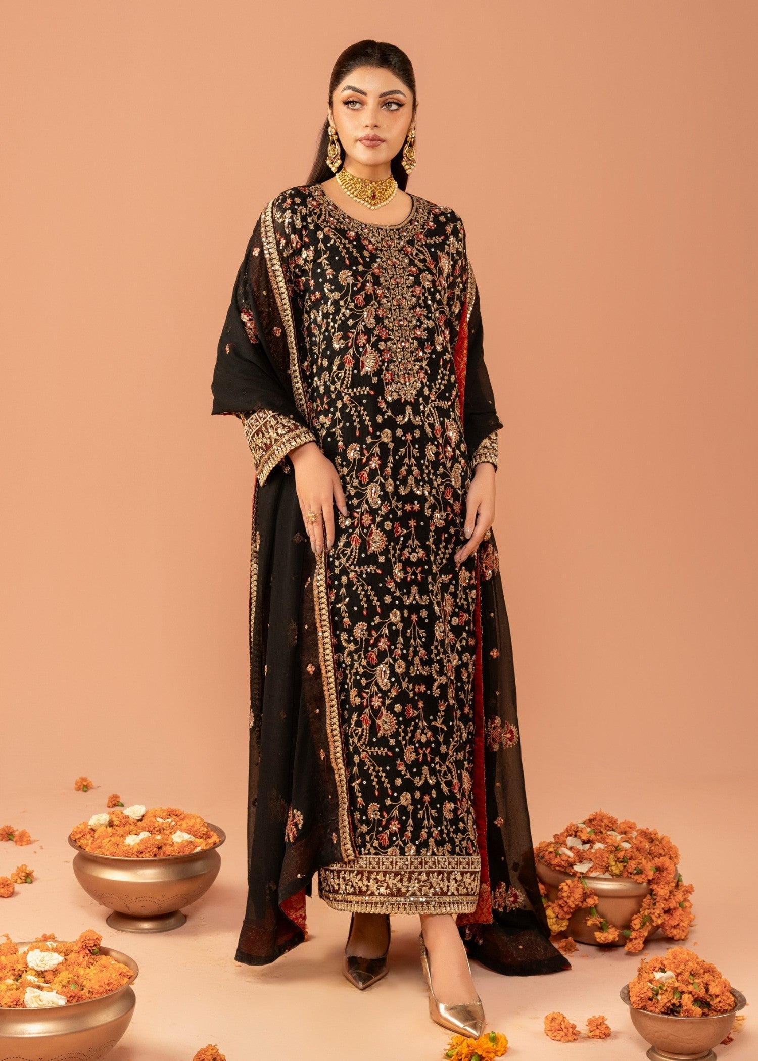 Black Embroidered Chiffon Kurta Set (3-Piece) - Image 1