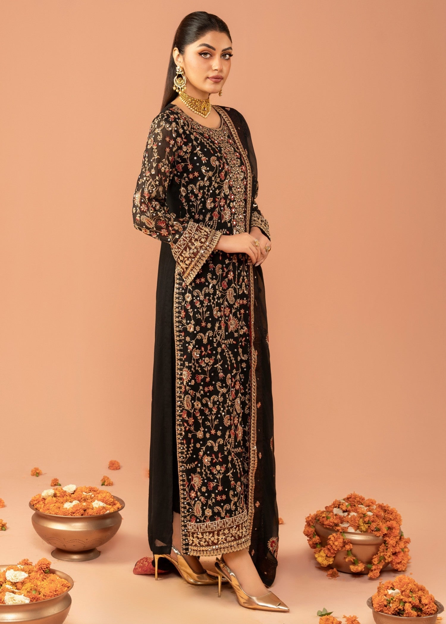 Black Embroidered Chiffon Kurta Set (3-Piece) - Image 2