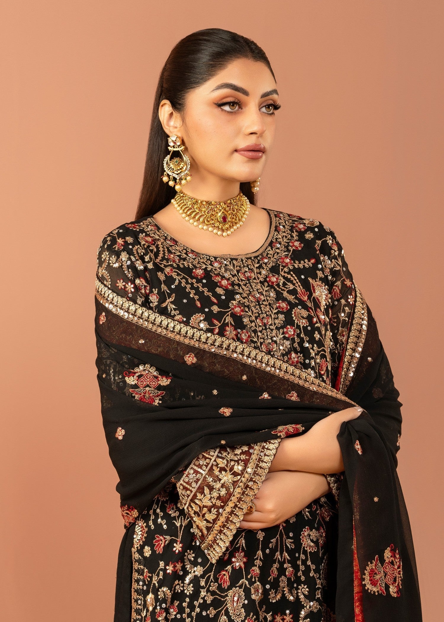 Black Embroidered Chiffon Kurta Set (3-Piece) - Image 4