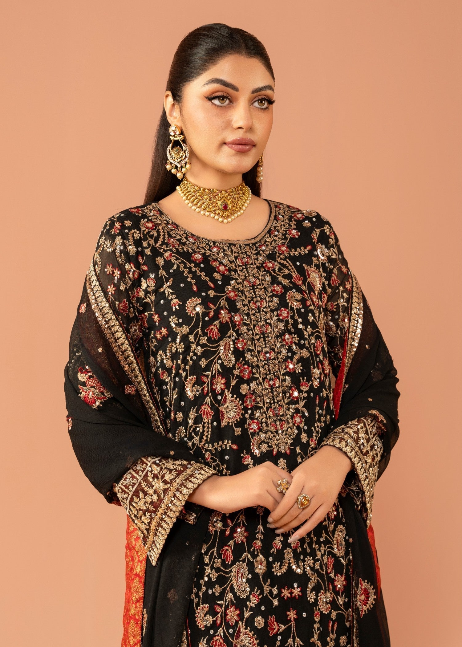 Black Embroidered Chiffon Kurta Set (3-Piece) - Image 5
