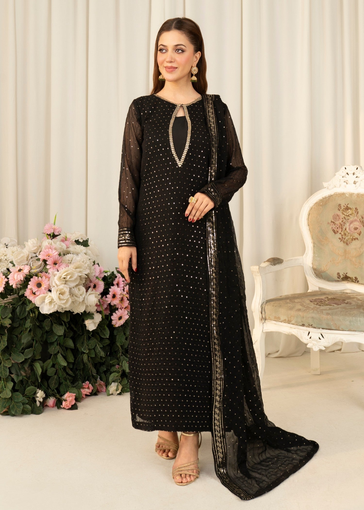 Black Embroidered Chiffon Kurta Set (3-Piece) - Image 1