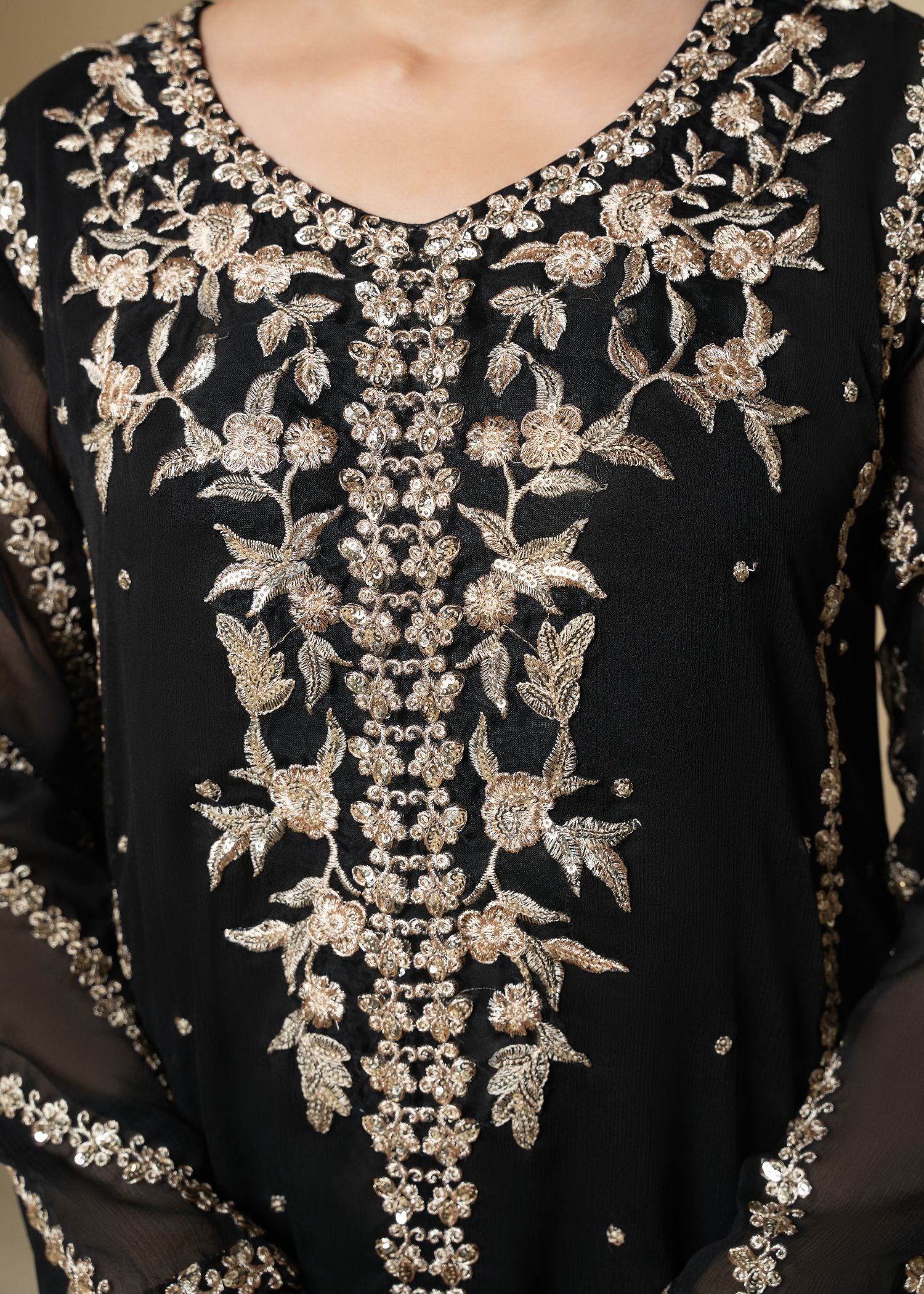 Black Embroidered Chiffon 3-Piece Kurta Set - Image 2