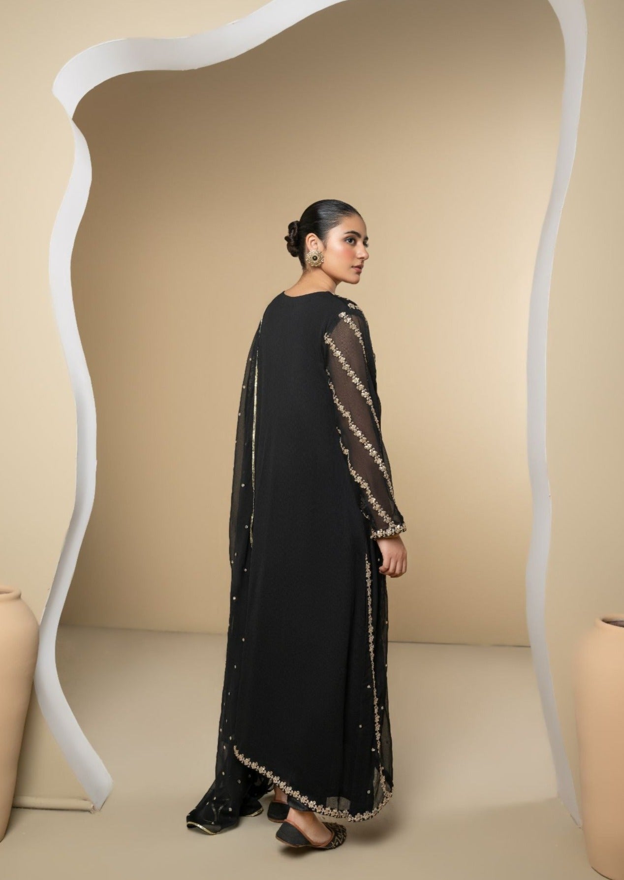 Black Embroidered Chiffon 3-Piece Kurta Set - Image 5