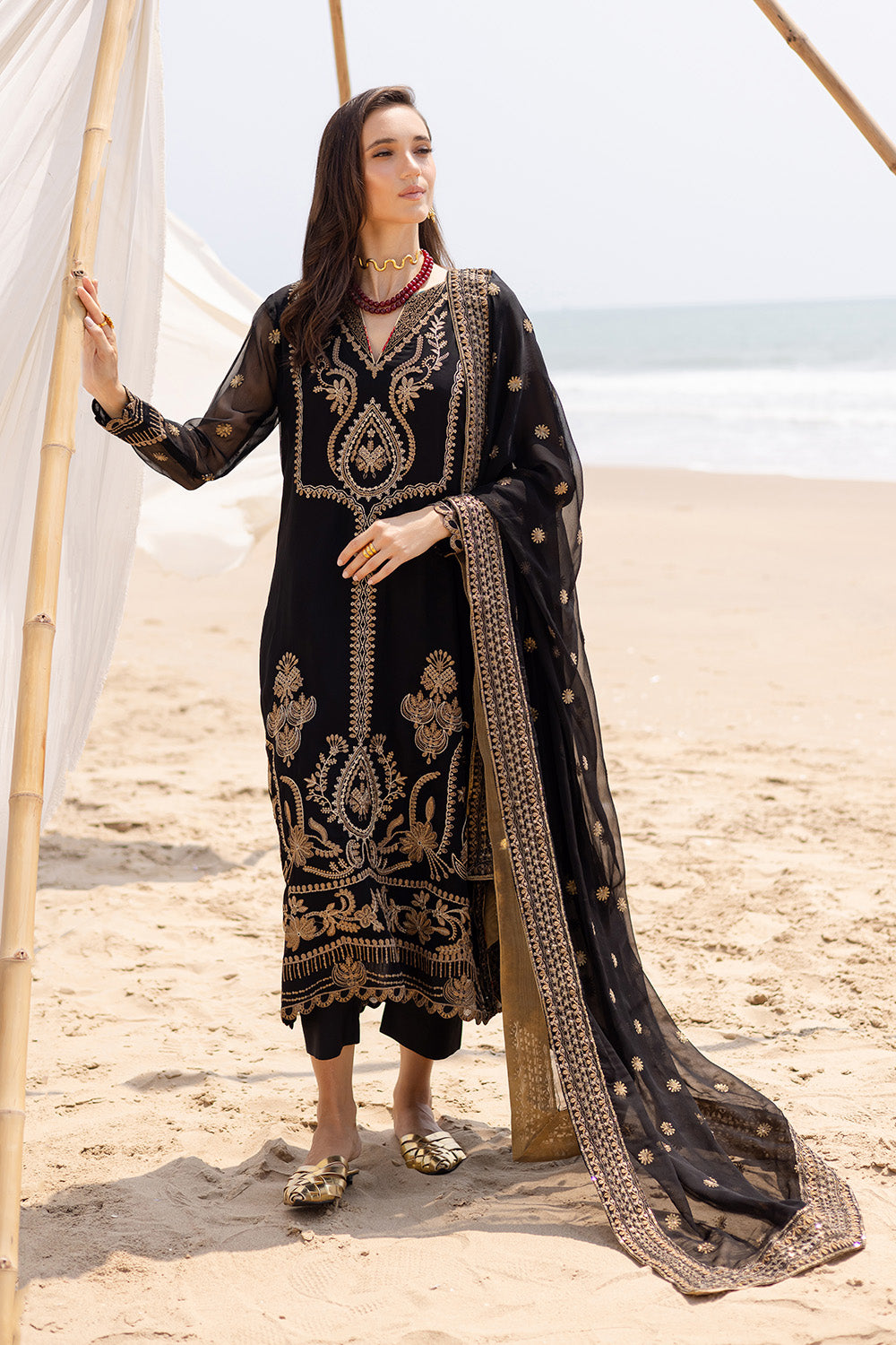 Pakistani Black Embroidered Chiffon & Organza 3-Piece Suit - Image 1