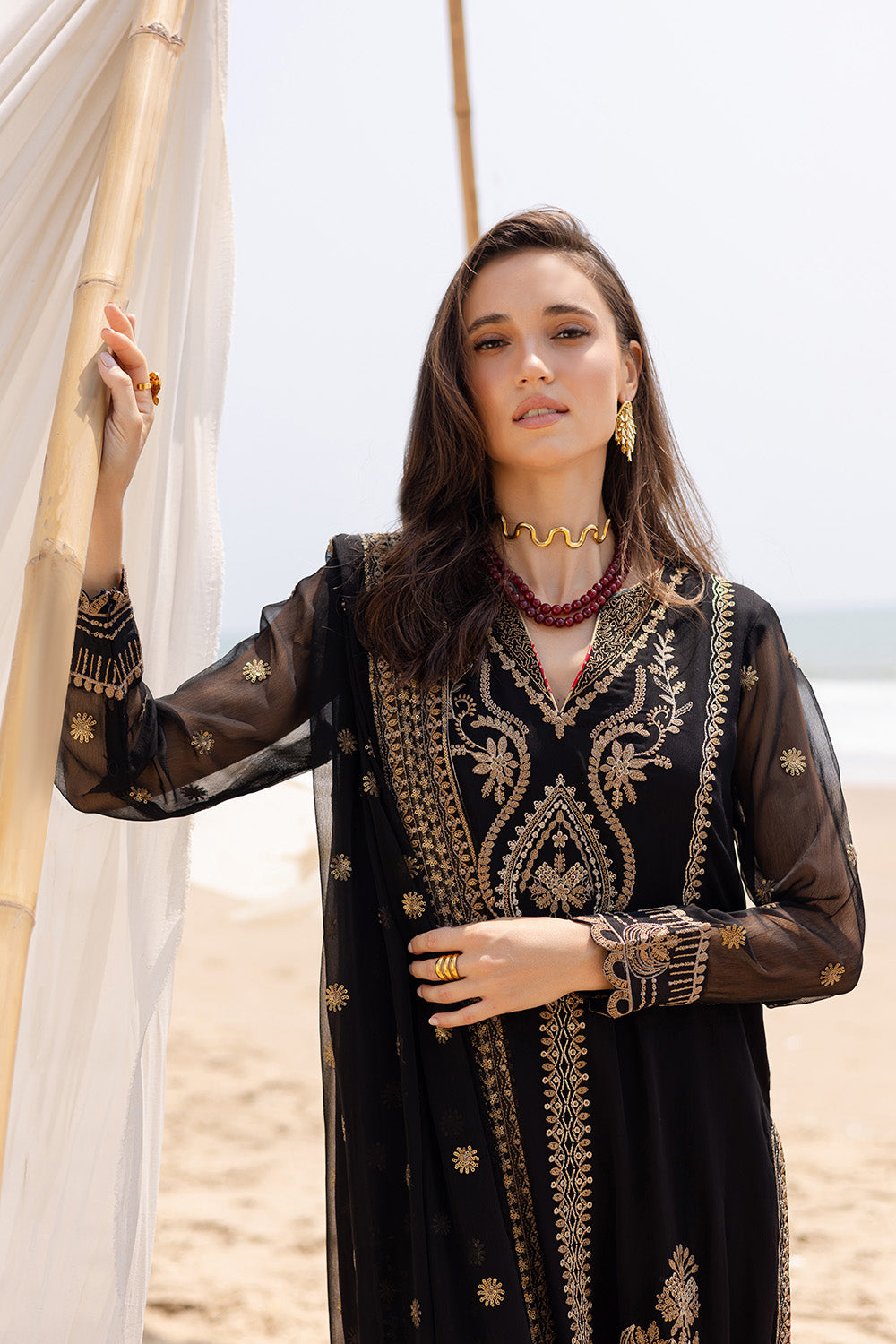 Pakistani Black Embroidered Chiffon & Organza 3-Piece Suit - Image 2