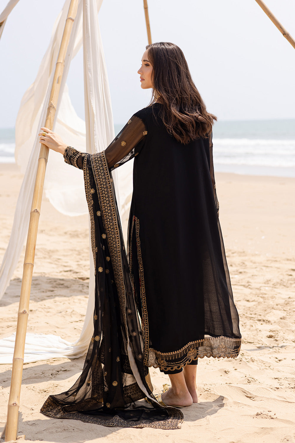 Pakistani Black Embroidered Chiffon & Organza 3-Piece Suit - Image 3