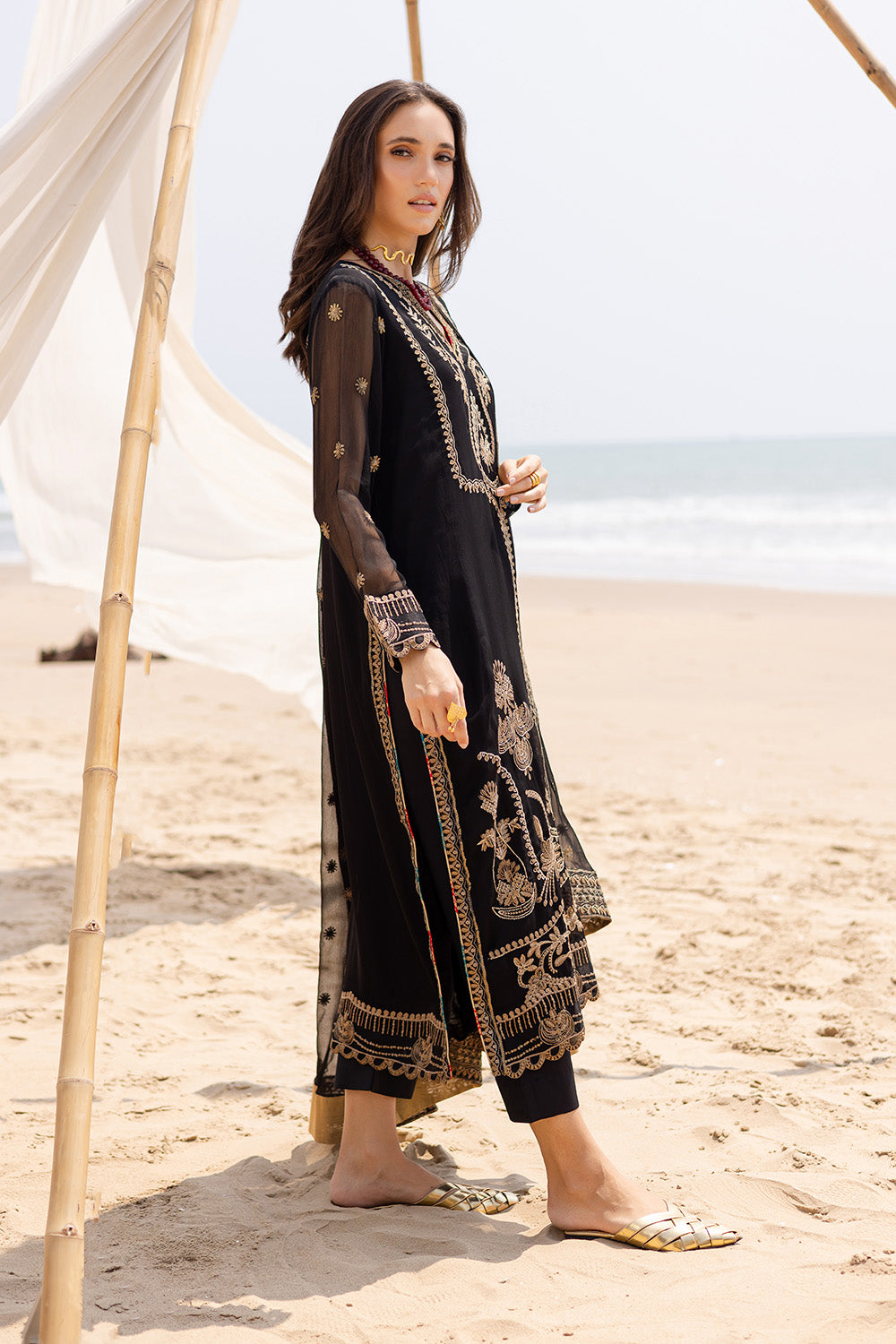 Pakistani Black Embroidered Chiffon & Organza 3-Piece Suit - Image 4
