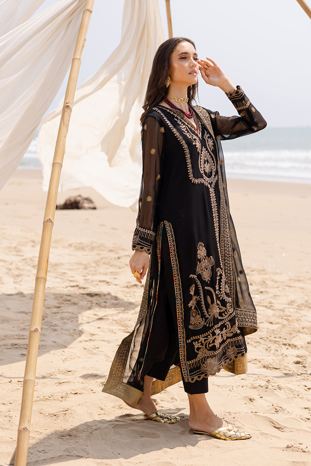 Pakistani Black Embroidered Chiffon & Organza 3-Piece Suit - Image 5
