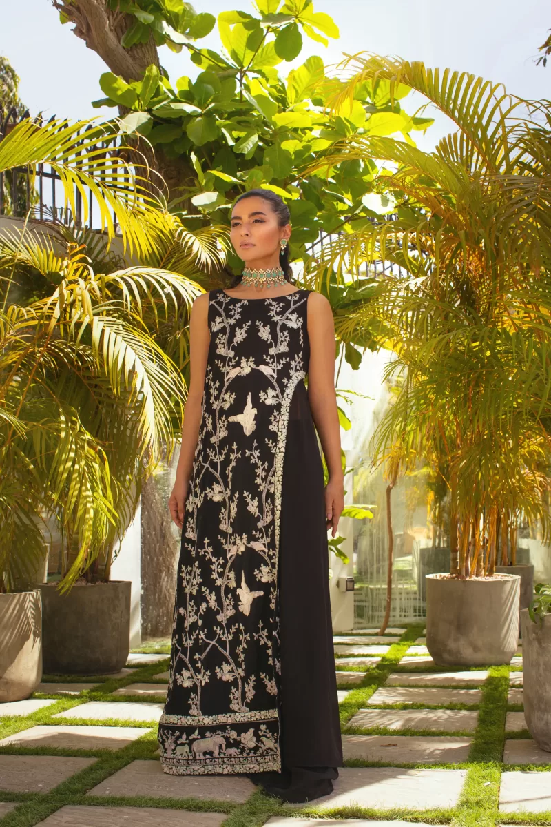 Black Embroidered Chiffon & Raw Silk Salwar Kameez (2-Piece) - Image 1