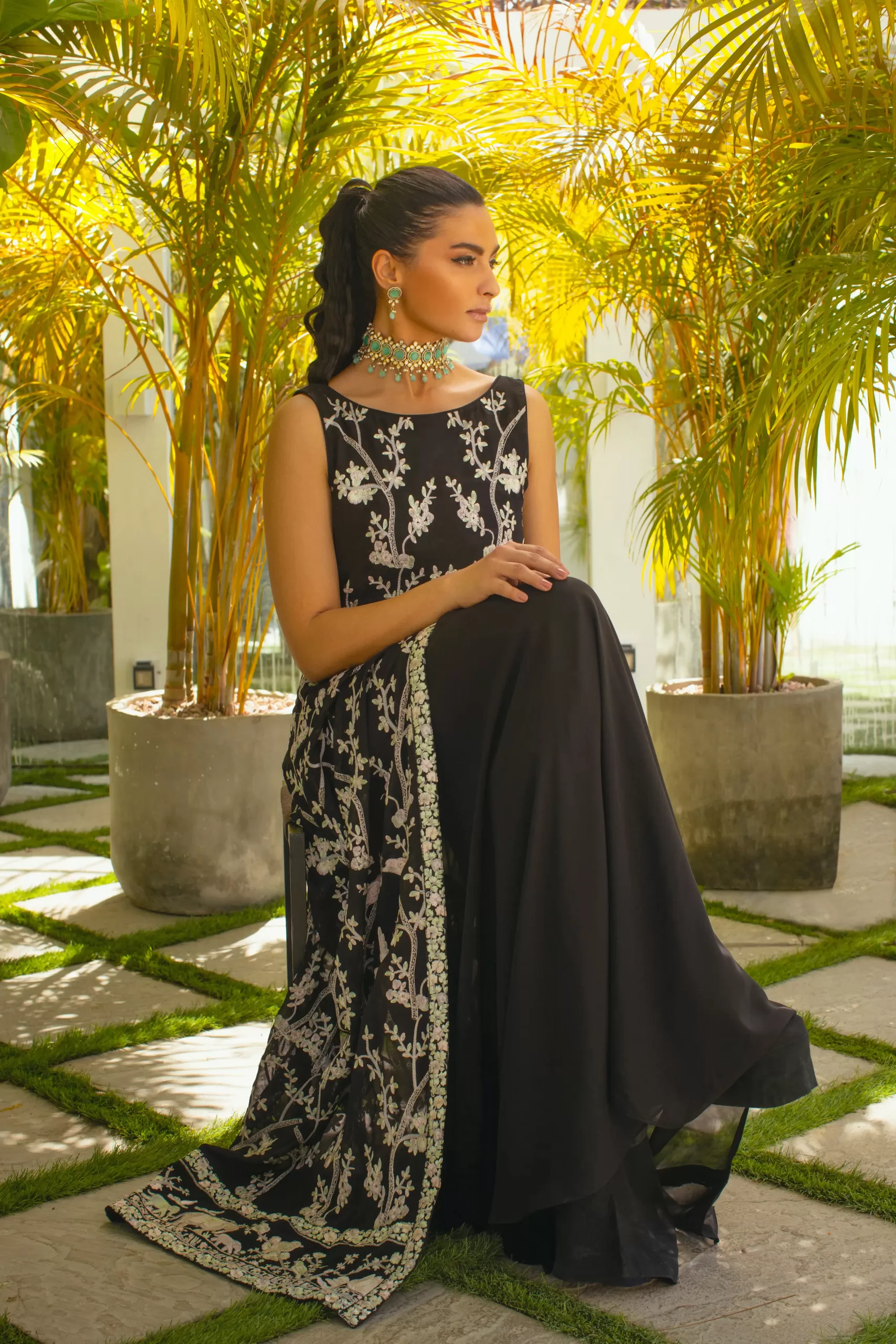 Black Embroidered Chiffon & Raw Silk Salwar Kameez (2-Piece) - Image 5