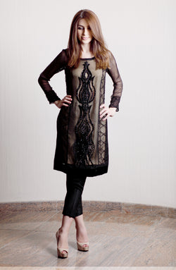 Black Embroidered Chiffon Tunic with Raw Silk Pants (2-Piece) - Image 1
