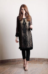 Black Embroidered Chiffon Tunic with Raw Silk Pants (2-Piece) - Image 4