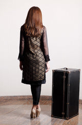 Black Embroidered Chiffon Tunic with Raw Silk Pants (2-Piece) - Image 5