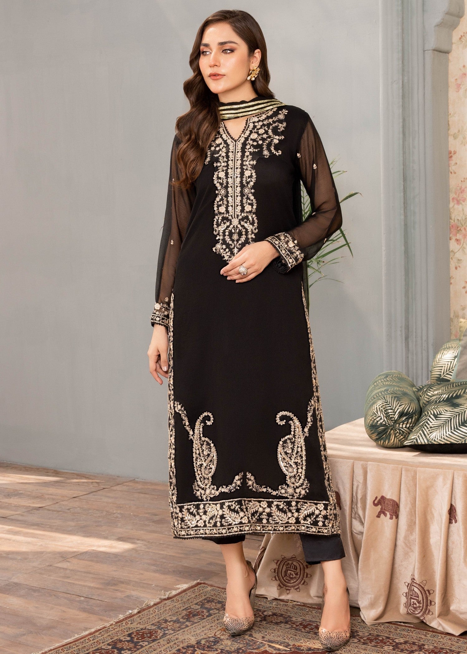 Black Sequin Embroidered Chiffon Kurta Set (3-Piece) - Image 1