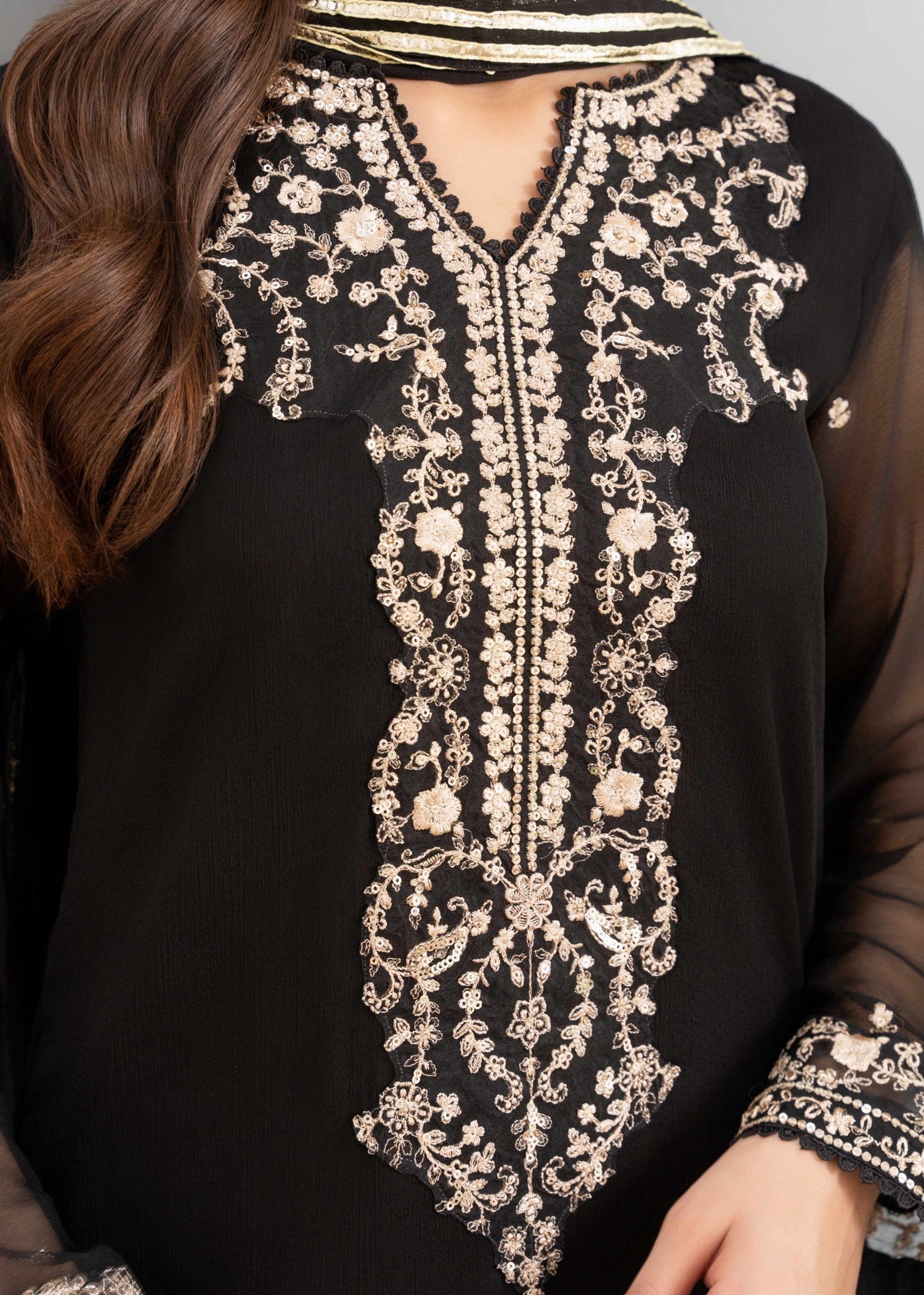 Black Sequin Embroidered Chiffon Kurta Set (3-Piece) - Image 6