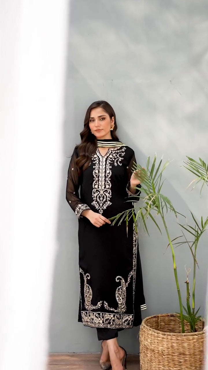 Black Sequin Embroidered Chiffon Kurta Set (3-Piece) - Image 8