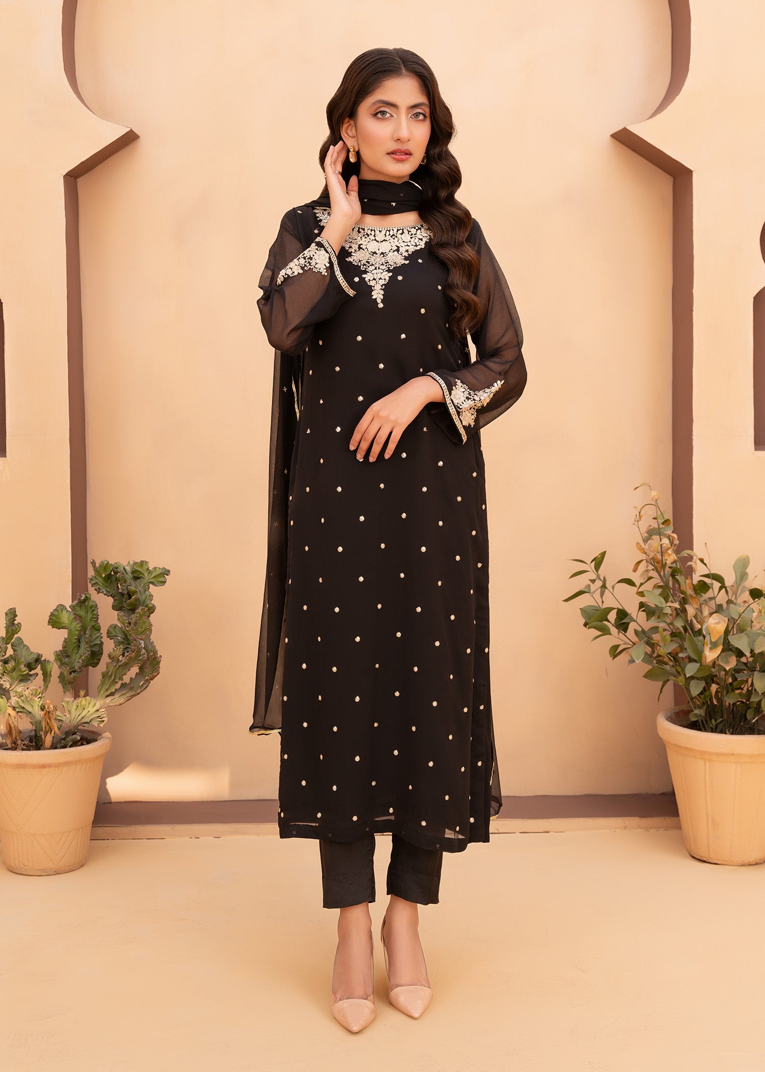 Black Sequin Embroidered Chiffon Kurta Set (3-Piece) - Image 1
