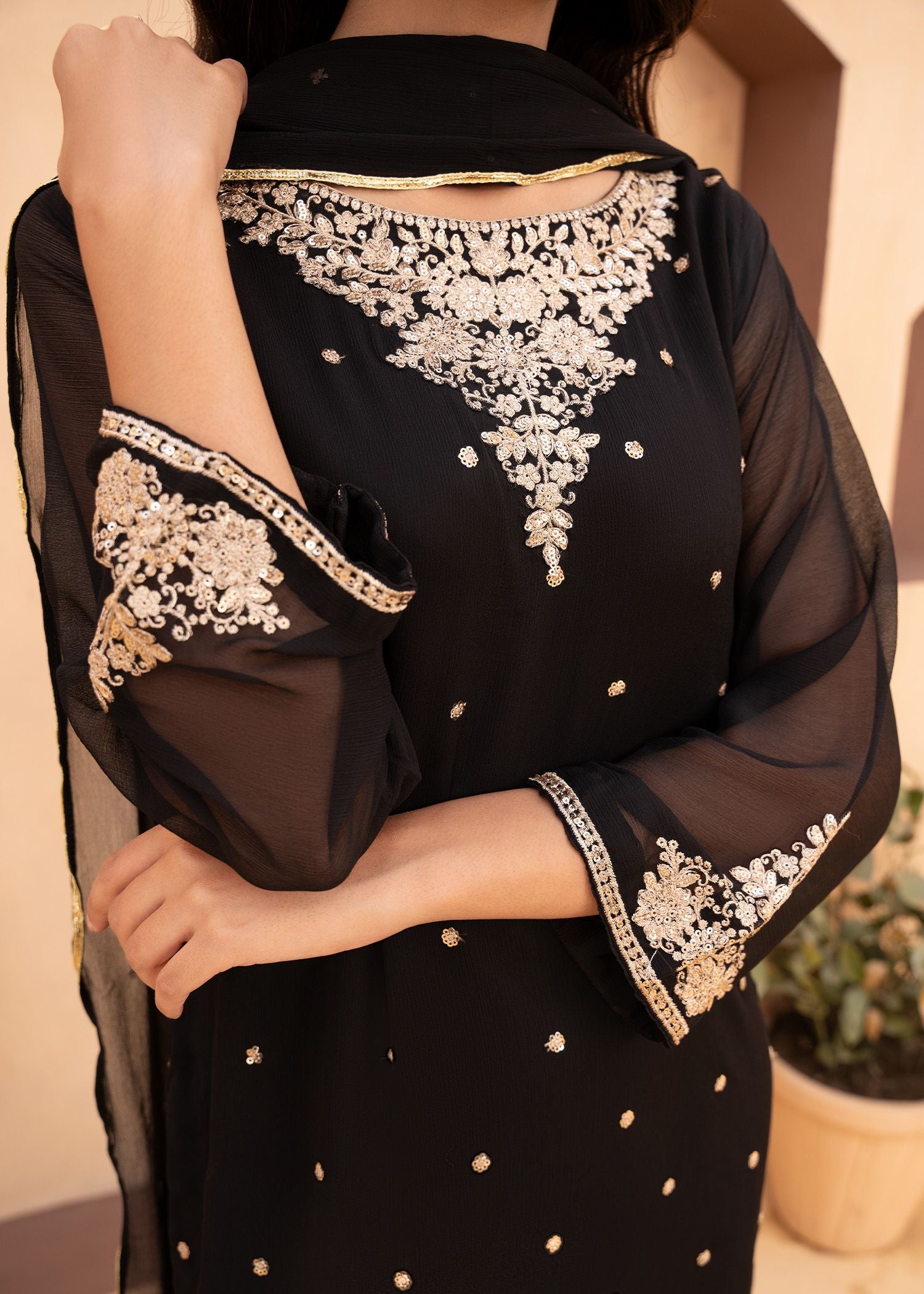 Black Sequin Embroidered Chiffon Kurta Set (3-Piece) - Image 4