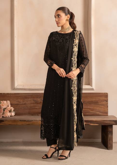 Black Sequin Embroidered Chiffon Kurta Set (3-Piece) - Image 1