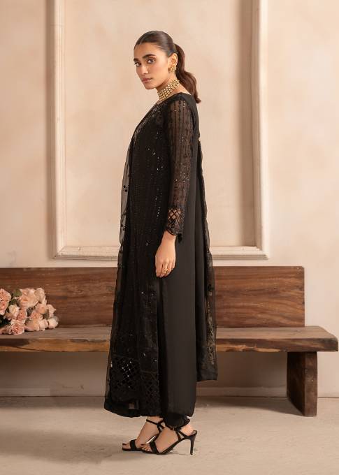 Black Sequin Embroidered Chiffon Kurta Set (3-Piece) - Image 2
