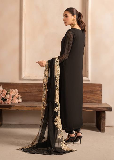 Black Sequin Embroidered Chiffon Kurta Set (3-Piece) - Image 3