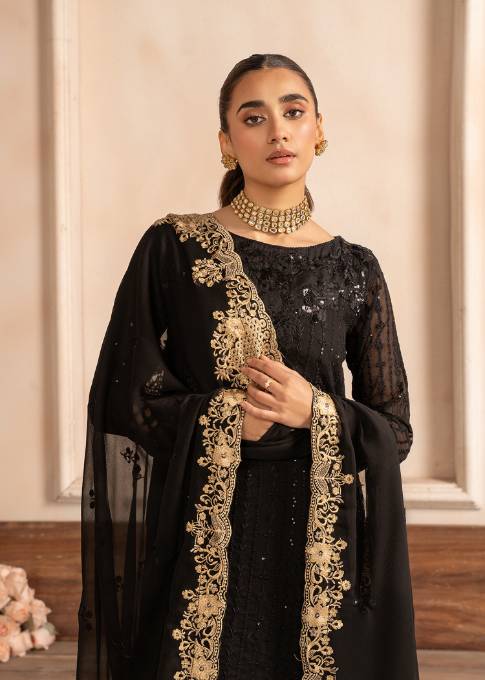 Black Sequin Embroidered Chiffon Kurta Set (3-Piece) - Image 4
