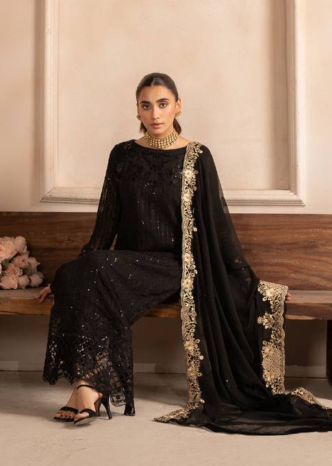 Black Sequin Embroidered Chiffon Kurta Set (3-Piece) - Image 5