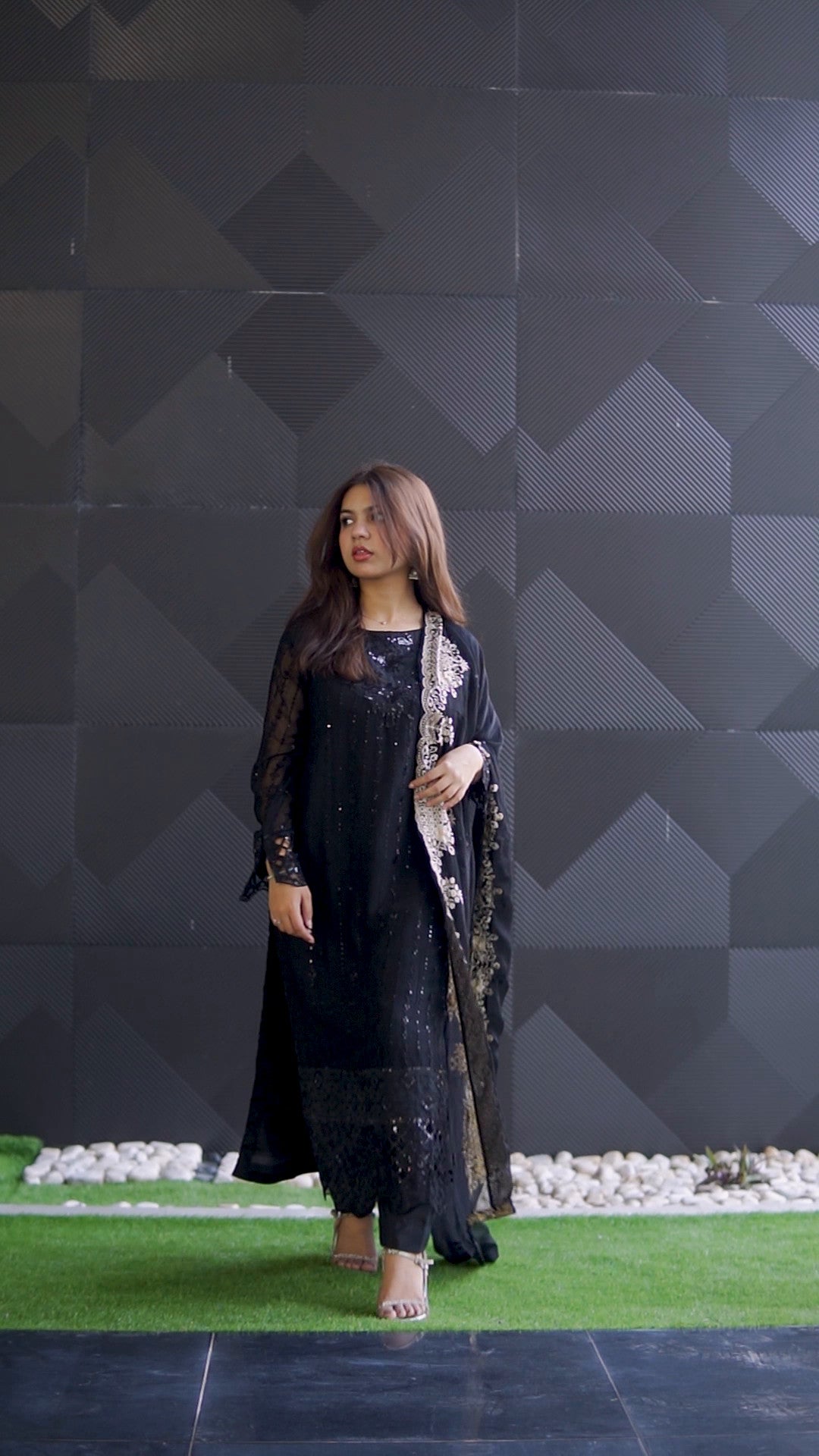 Black Sequin Embroidered Chiffon Kurta Set (3-Piece) - Image 6