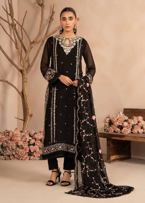 Pakistani Black Sequin Embroidered Chiffon Kurta Set (3-Piece) - Image 1