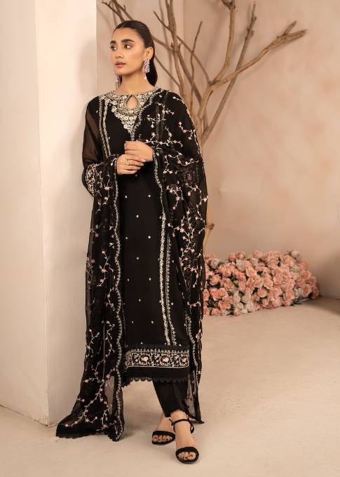 Pakistani Black Sequin Embroidered Chiffon Kurta Set (3-Piece) - Image 2