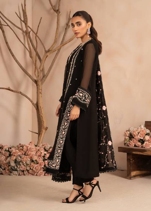 Pakistani Black Sequin Embroidered Chiffon Kurta Set (3-Piece) - Image 3