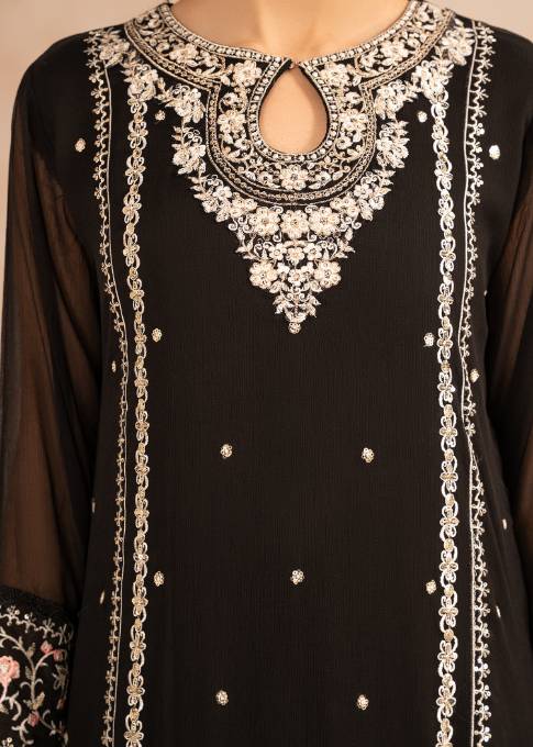 Pakistani Black Sequin Embroidered Chiffon Kurta Set (3-Piece) - Image 4