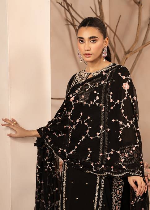 Pakistani Black Sequin Embroidered Chiffon Kurta Set (3-Piece) - Image 5