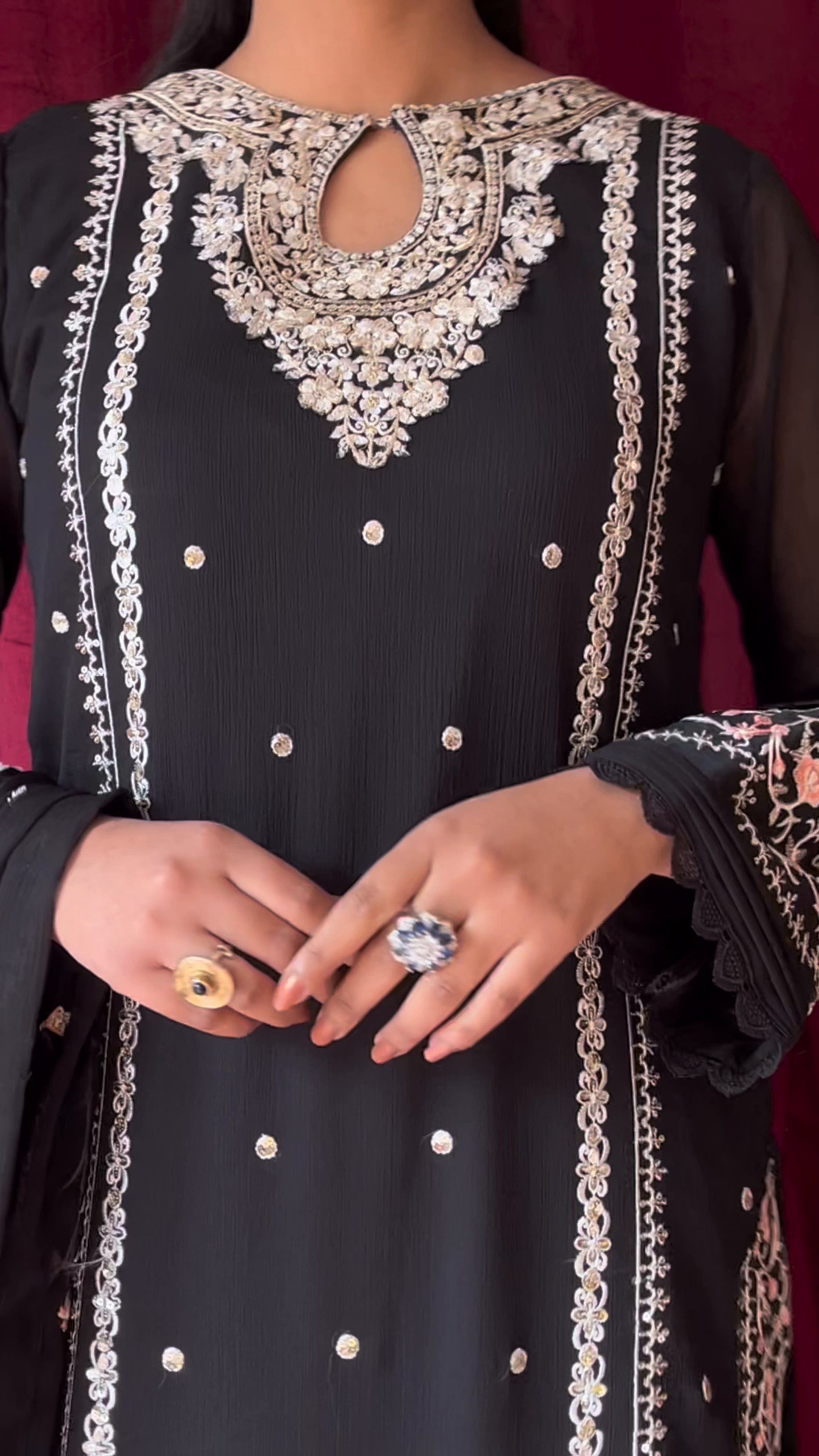 Pakistani Black Sequin Embroidered Chiffon Kurta Set (3-Piece) - Image 6