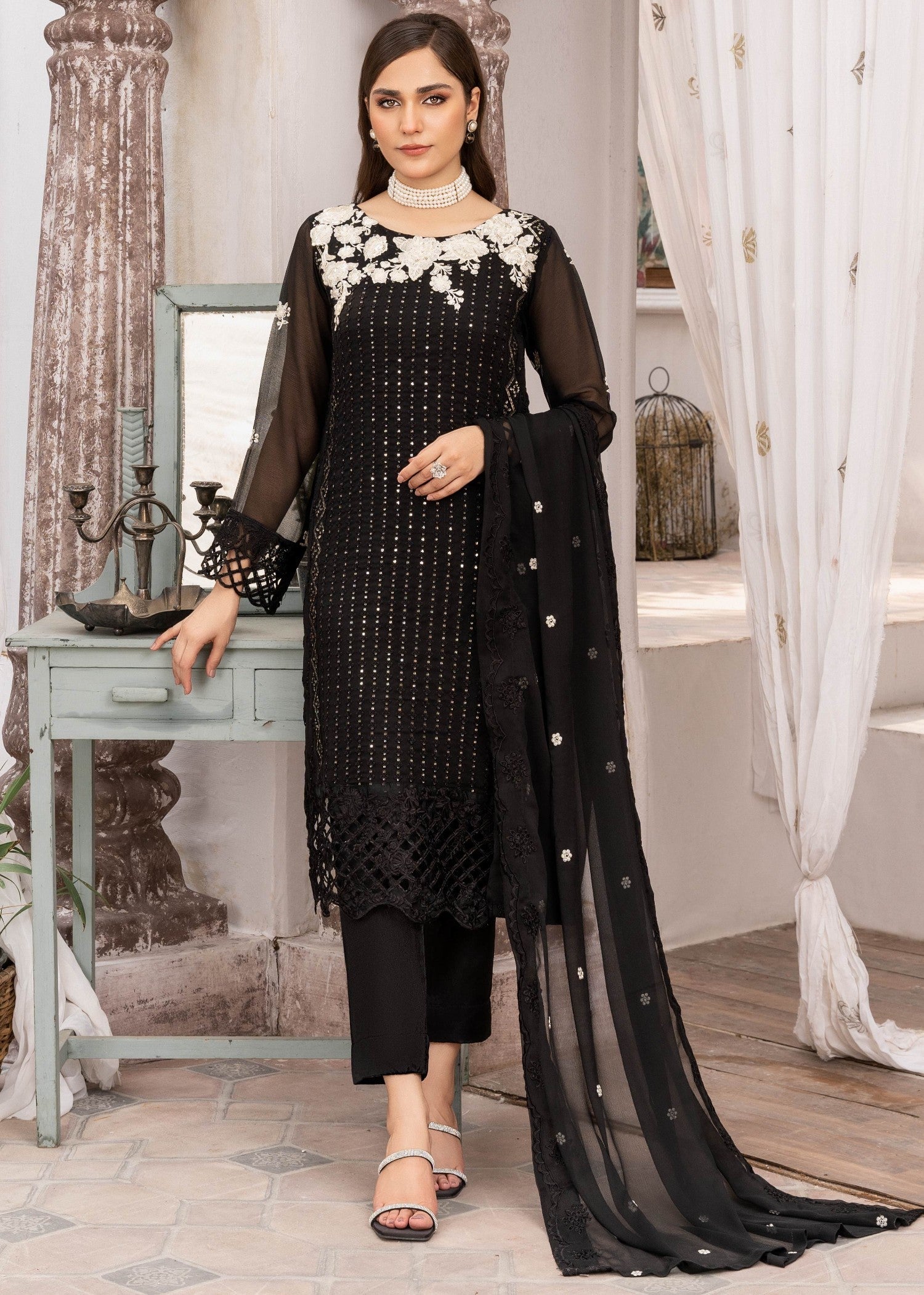 Pakistani Black Sequin Embroidered Chiffon Kurta Set (3-Piece) - Image 1