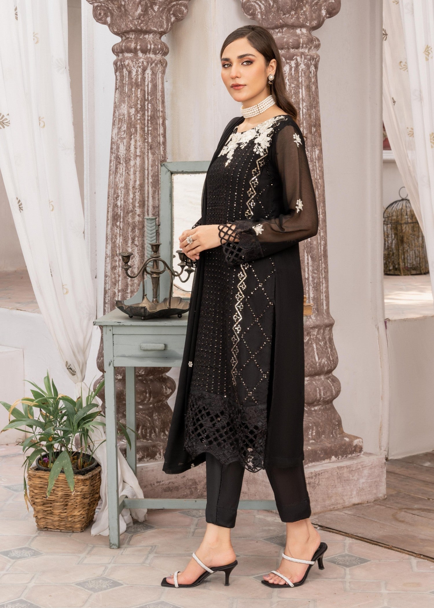 Pakistani Black Sequin Embroidered Chiffon Kurta Set (3-Piece) - Image 2