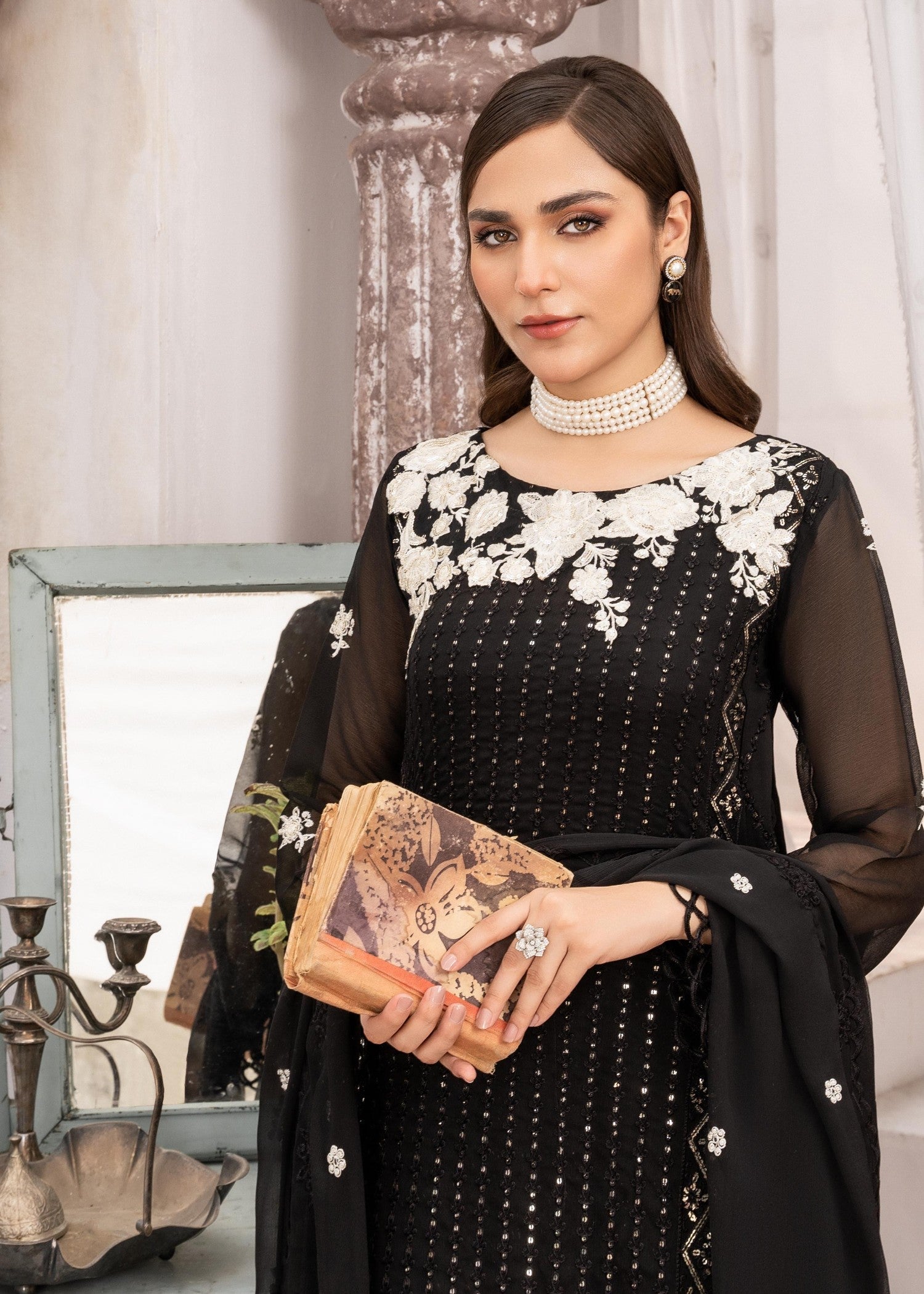 Pakistani Black Sequin Embroidered Chiffon Kurta Set (3-Piece) - Image 5