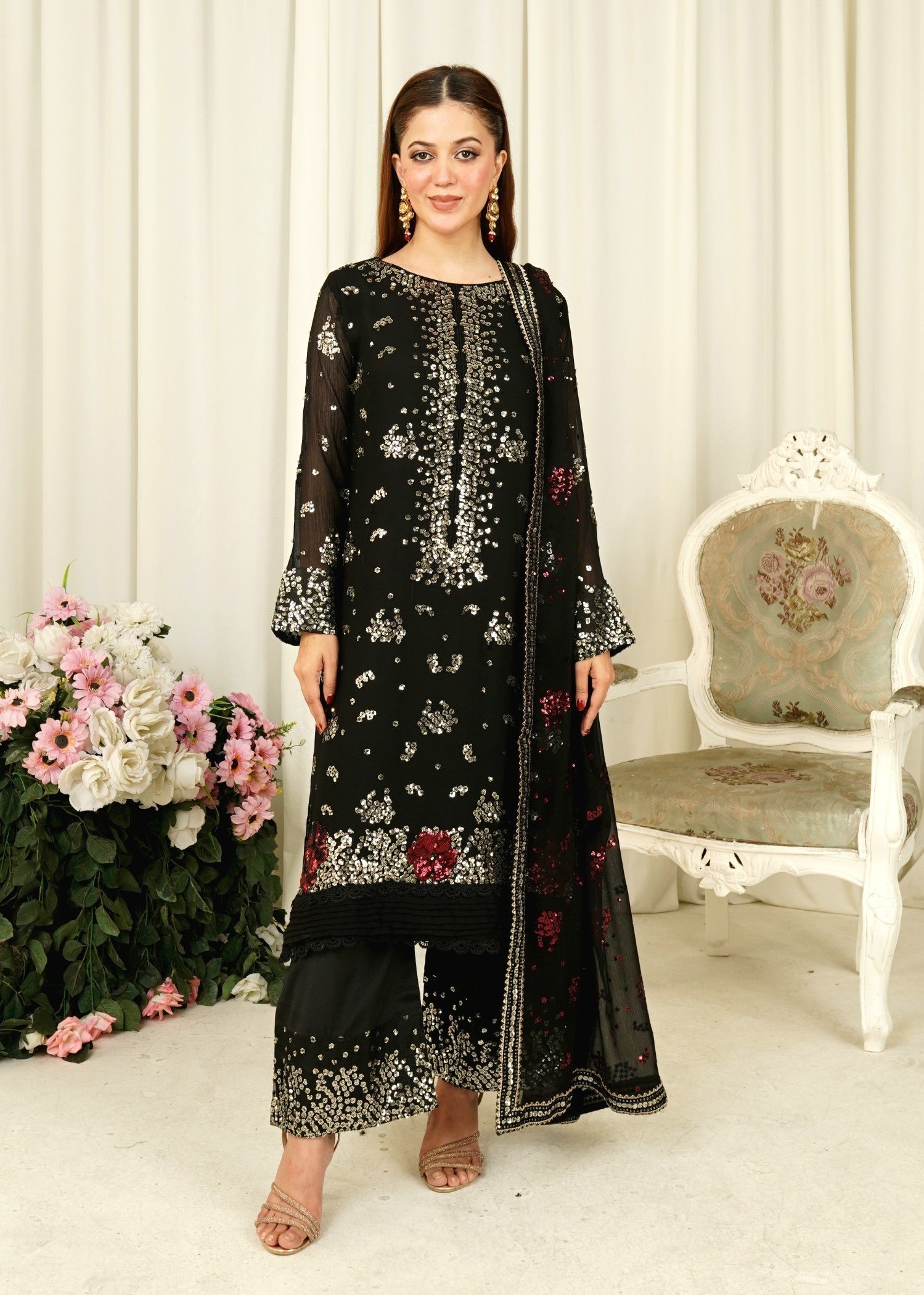 Black Embroidered Chiffon Kurta Set (3-Piece) - Image 1