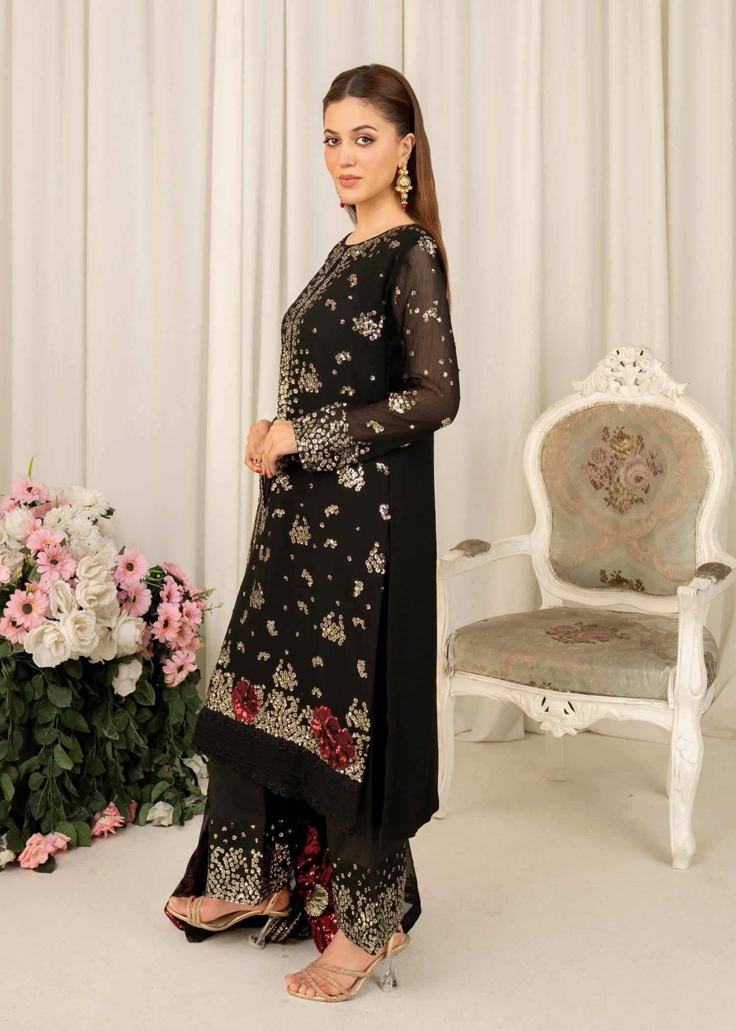 Black Embroidered Chiffon Kurta Set (3-Piece) - Image 2