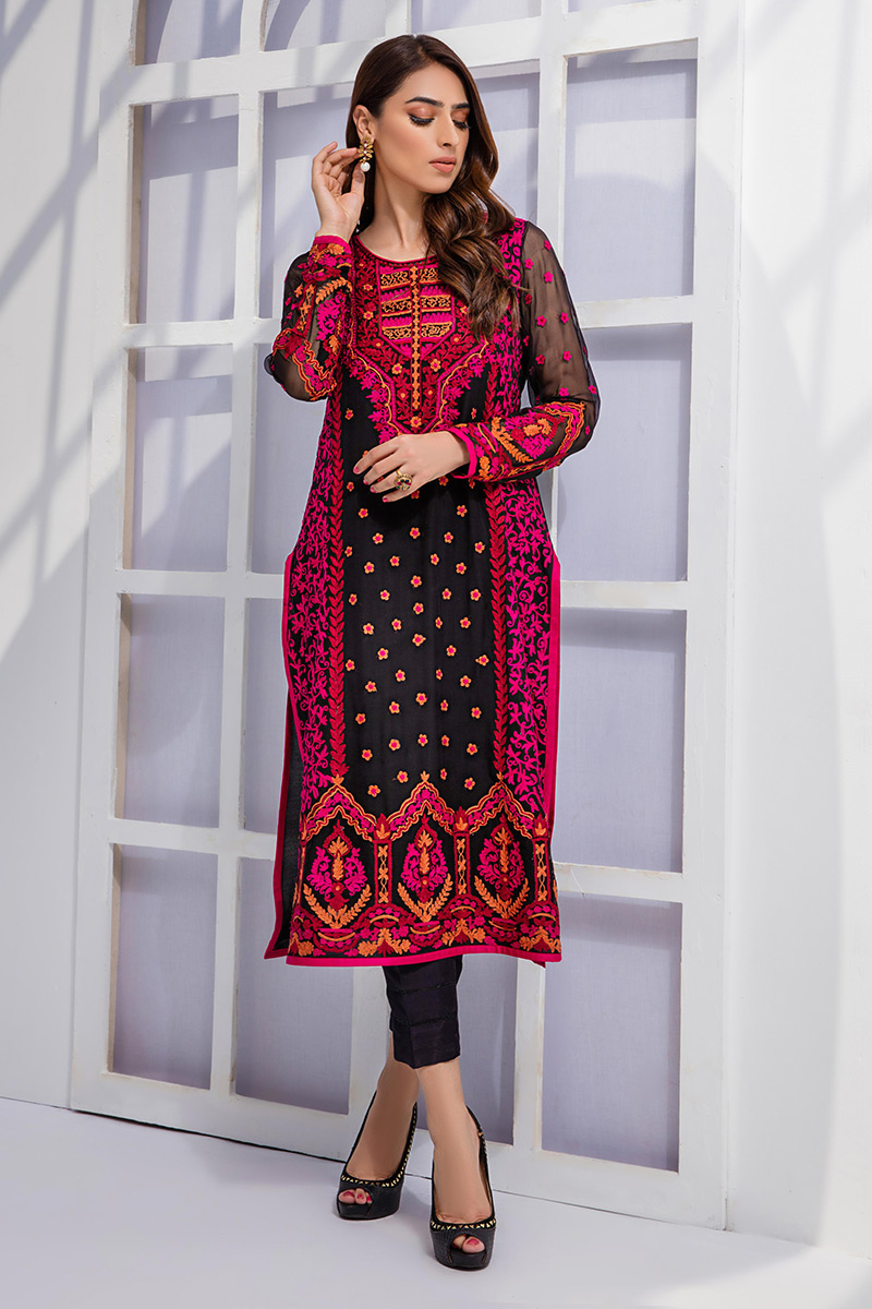 Pakistani Black Embroidered Chiffon Long Shirt (3-Piece) - Image 1