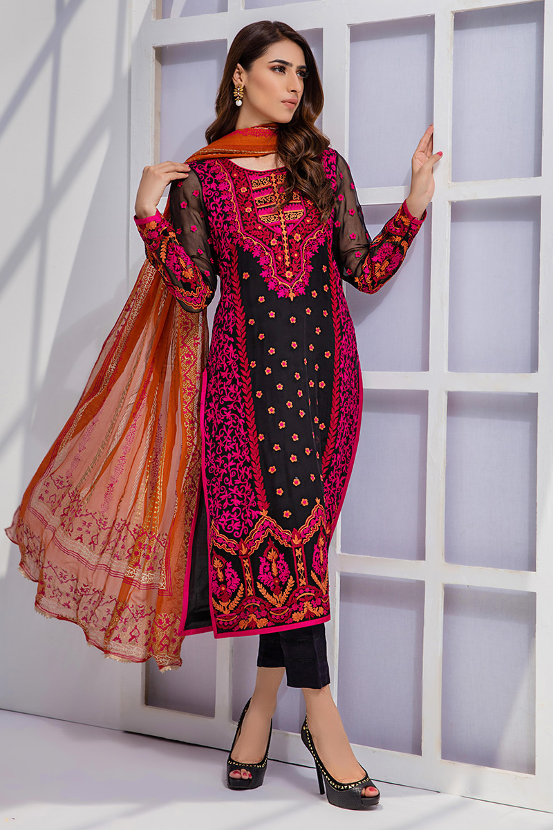 Pakistani Black Embroidered Chiffon Long Shirt (3-Piece) - Image 2