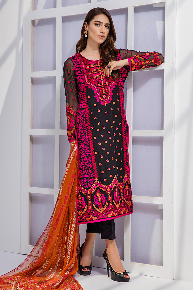 Pakistani Black Embroidered Chiffon Long Shirt (3-Piece) - Image 5