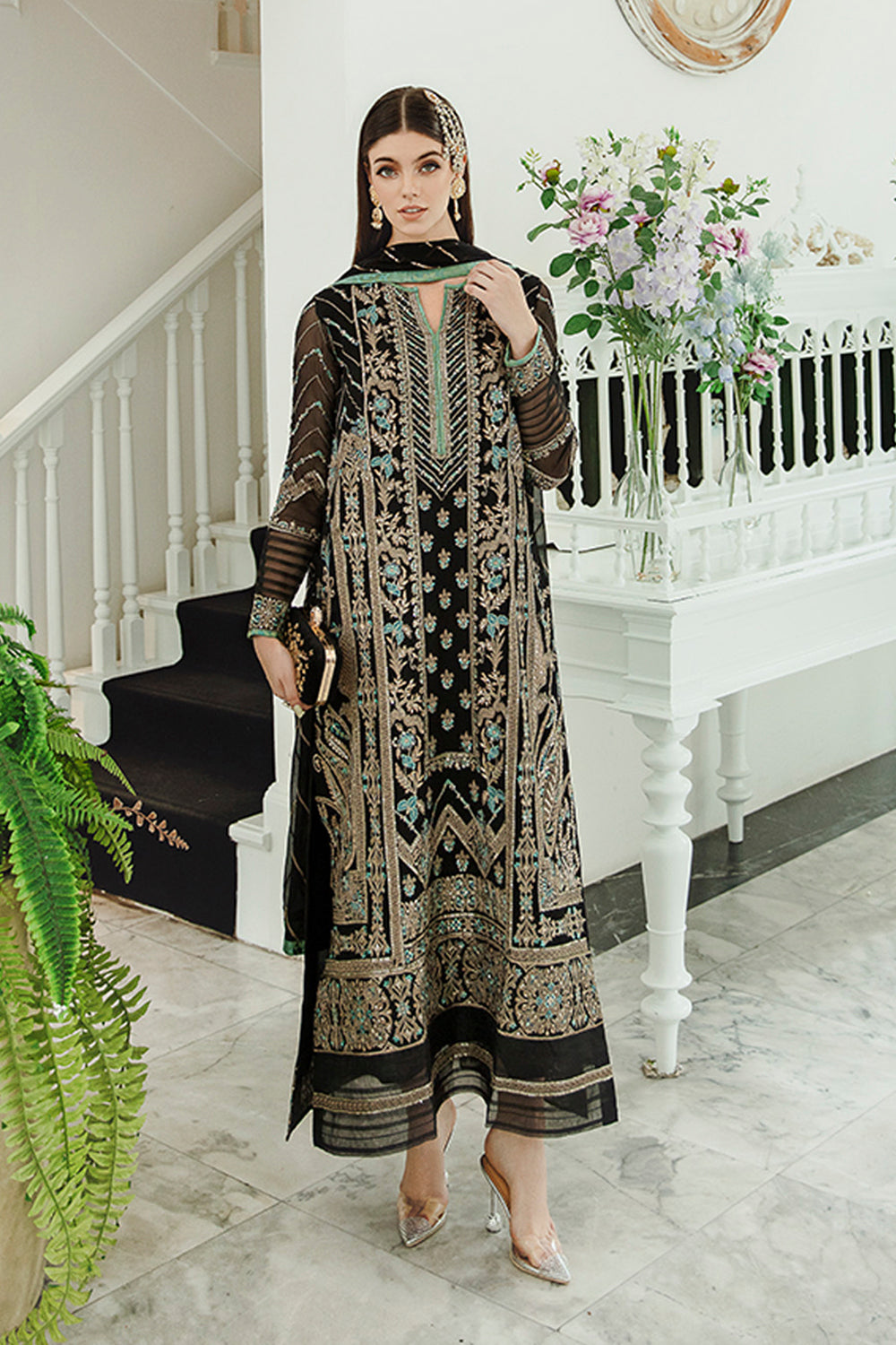 Pakistani Black Embroidered Chiffon Salwar Kameez (3-Piece) - Image 1